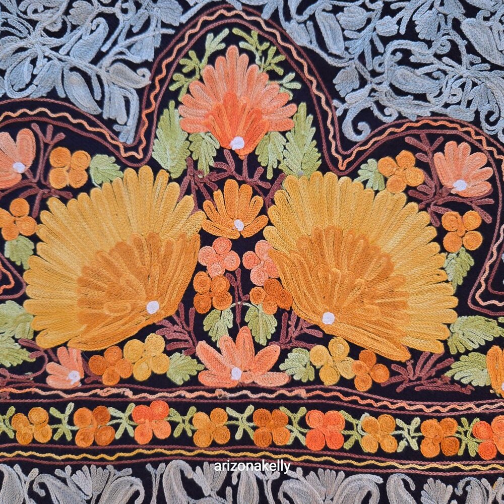 NWOT Wool Scarf with Chain Stitch Embroidery Purple Orange. - Picture 6 of 15